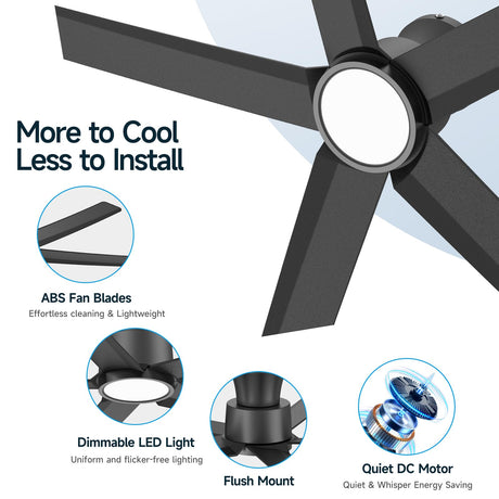 ocioc Smart Ceiling Fans with Lights,52 inch,Reversible Quiet DC Motor,Dimmable,Black Ceiling Fan Compatible with Alexa Google home Indoor/Outdoor ocioc