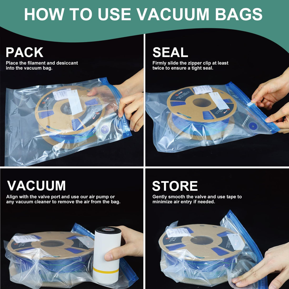 LOVOON Filament Storage Bags 15pcs, 3D Printer Filament Storage Bags Vacuum Sealed Kit with 15pcs Desiccant, Auto Pump, Perfect for 3D Filament Storage or Using After Filament Dryer Box LOVOON