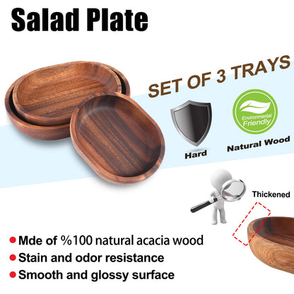 olelo Wooden Salad Bowl Set of 3-Acacia Wood Oval Dessert Displays Serving Trays Great for Fruit, Food, Salads, Mixing & Serving Bowls