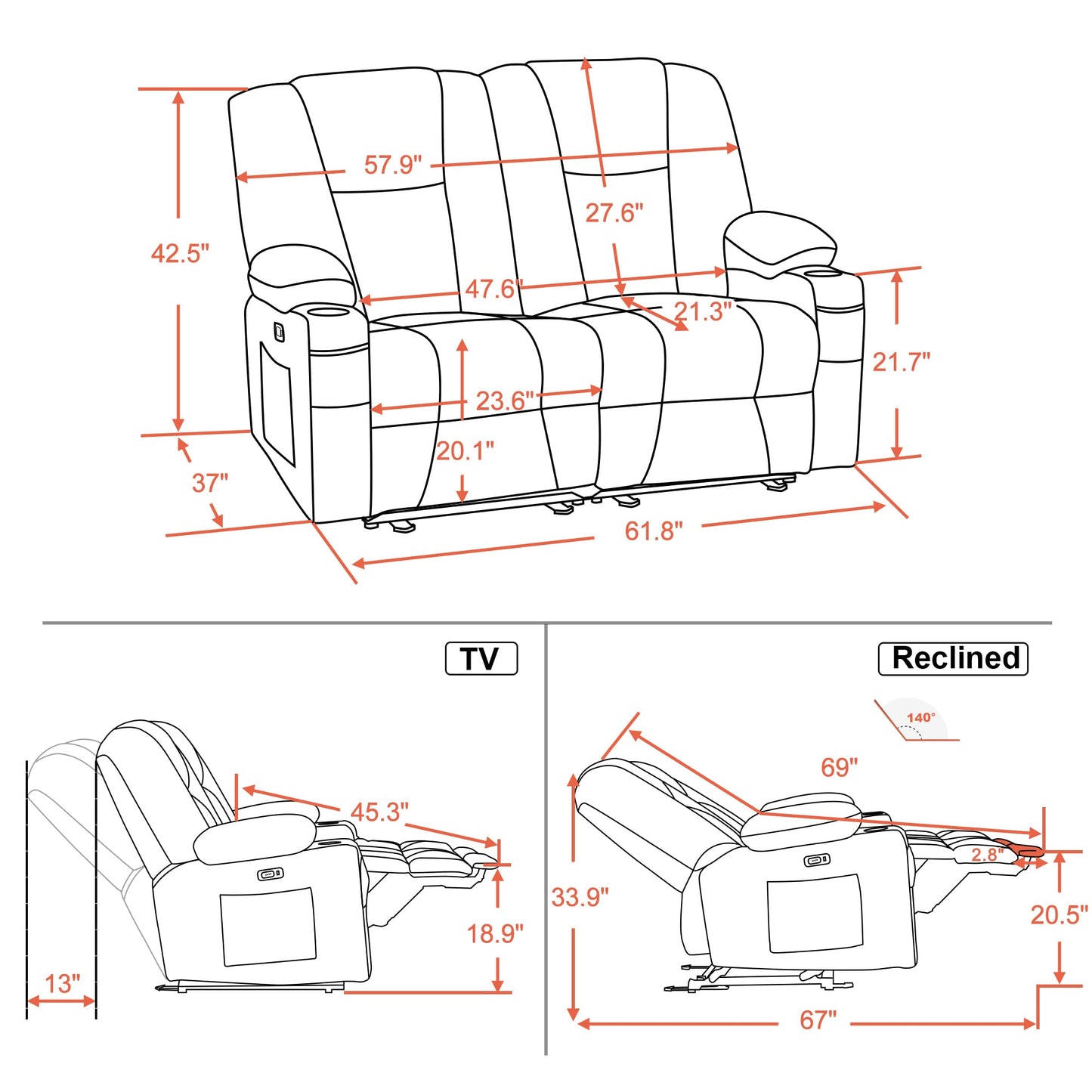 MCombo 61.8" Power Loveseat Recliner with Heat and Vibration, Fabric Electric Reclining Loveseat, USB Charge Port, Cup Holders for Living Room 6025 (Grey)