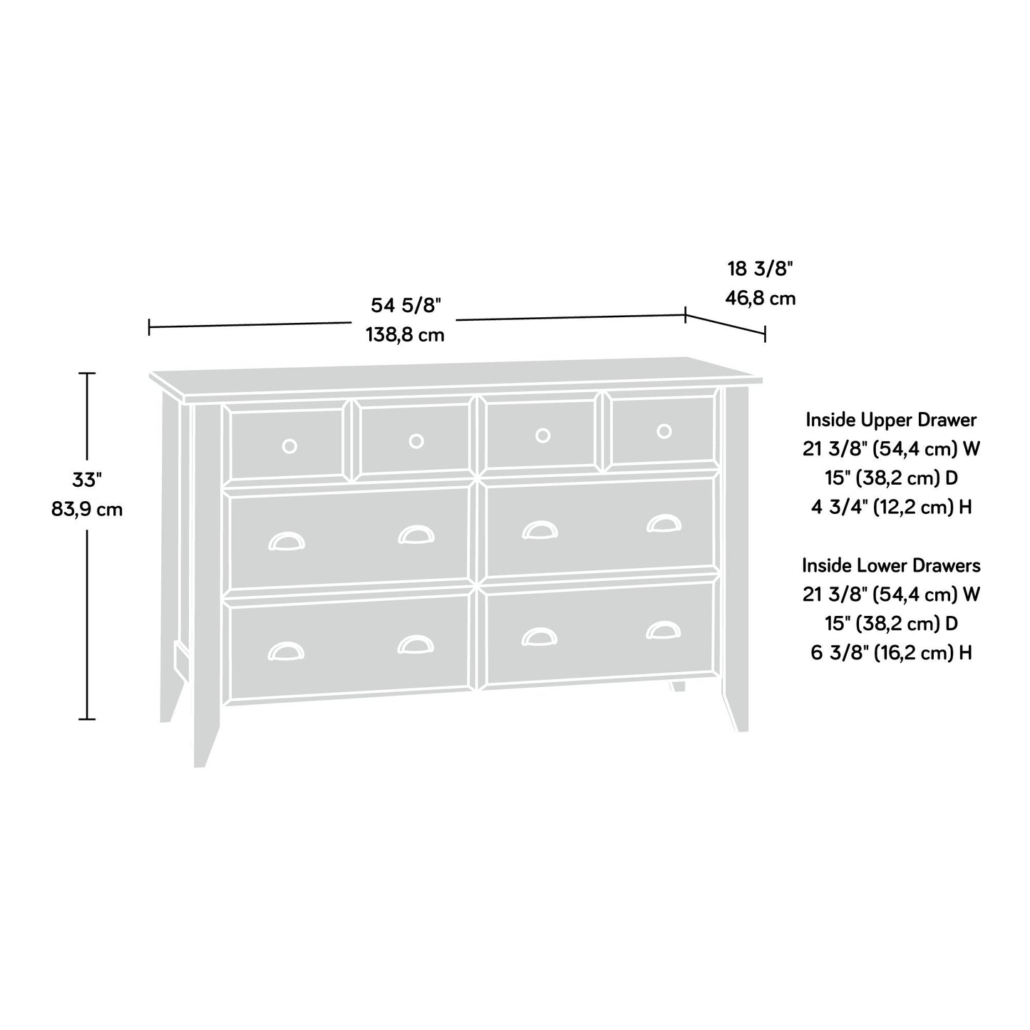 Sauder Shoal Creek Dresser, L: 60.0" x W: 16.73" x H: 35.04, Oiled Oak finish - WoodArtSupply