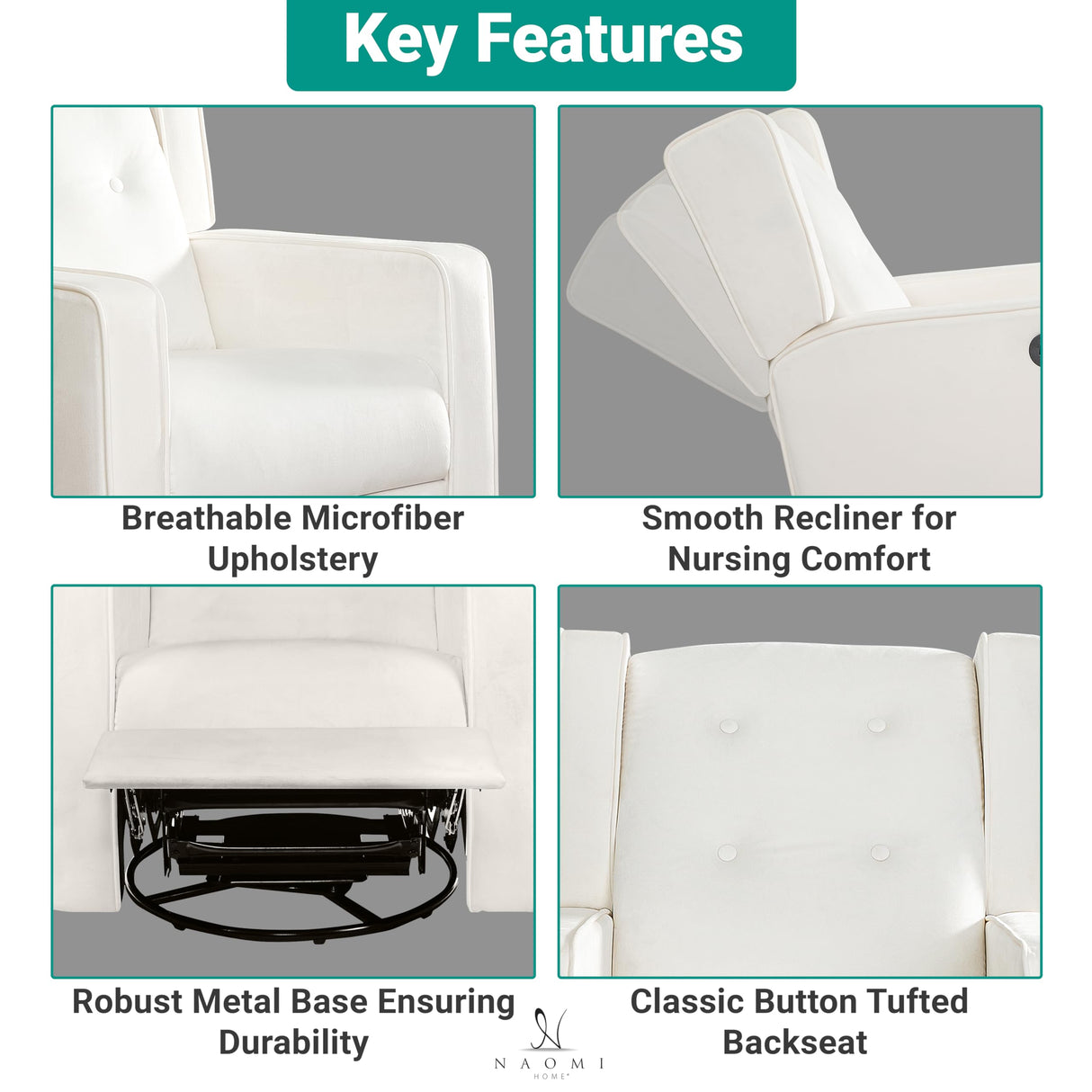 Naomi Home Odelia Swivel Rocker Recliner Glider, Bright White - Ergonomic Nursing Chair with Footrest for Soothing Comfort in Compact Spaces Naomi Home