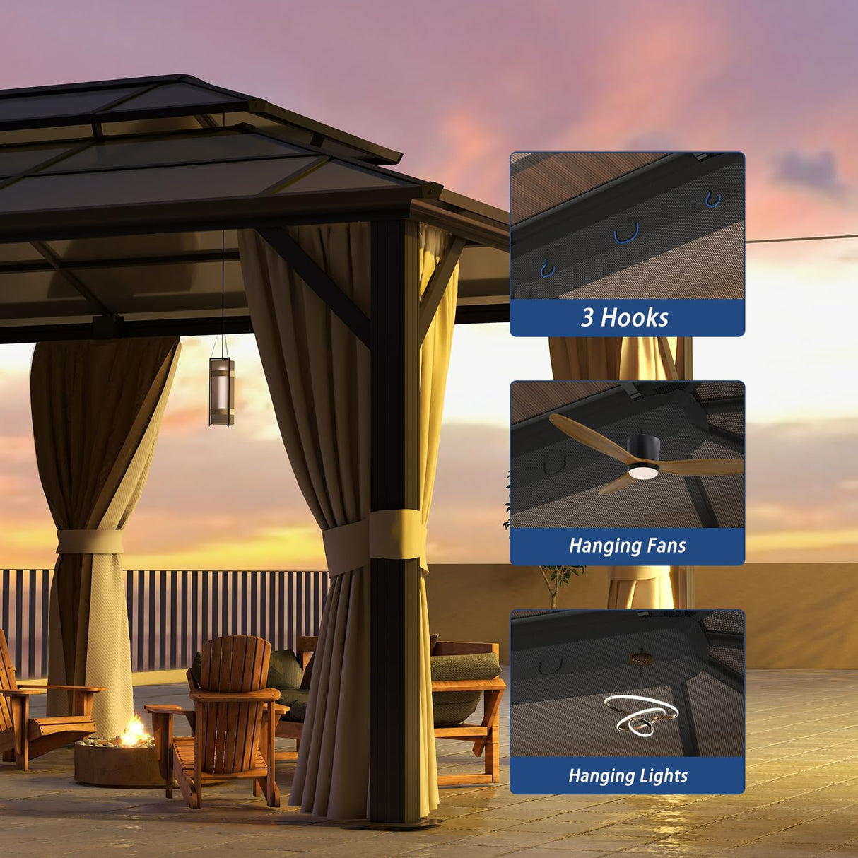 Jolydale 12FTx20FT Hardtop Gazebo, Outdoor Polycarbonate Double Top Canopy, Aluminum Frame Permanent Pavilion with Netting and Curtains, Sunshade for Patio, Garden, Lawns Jolydale