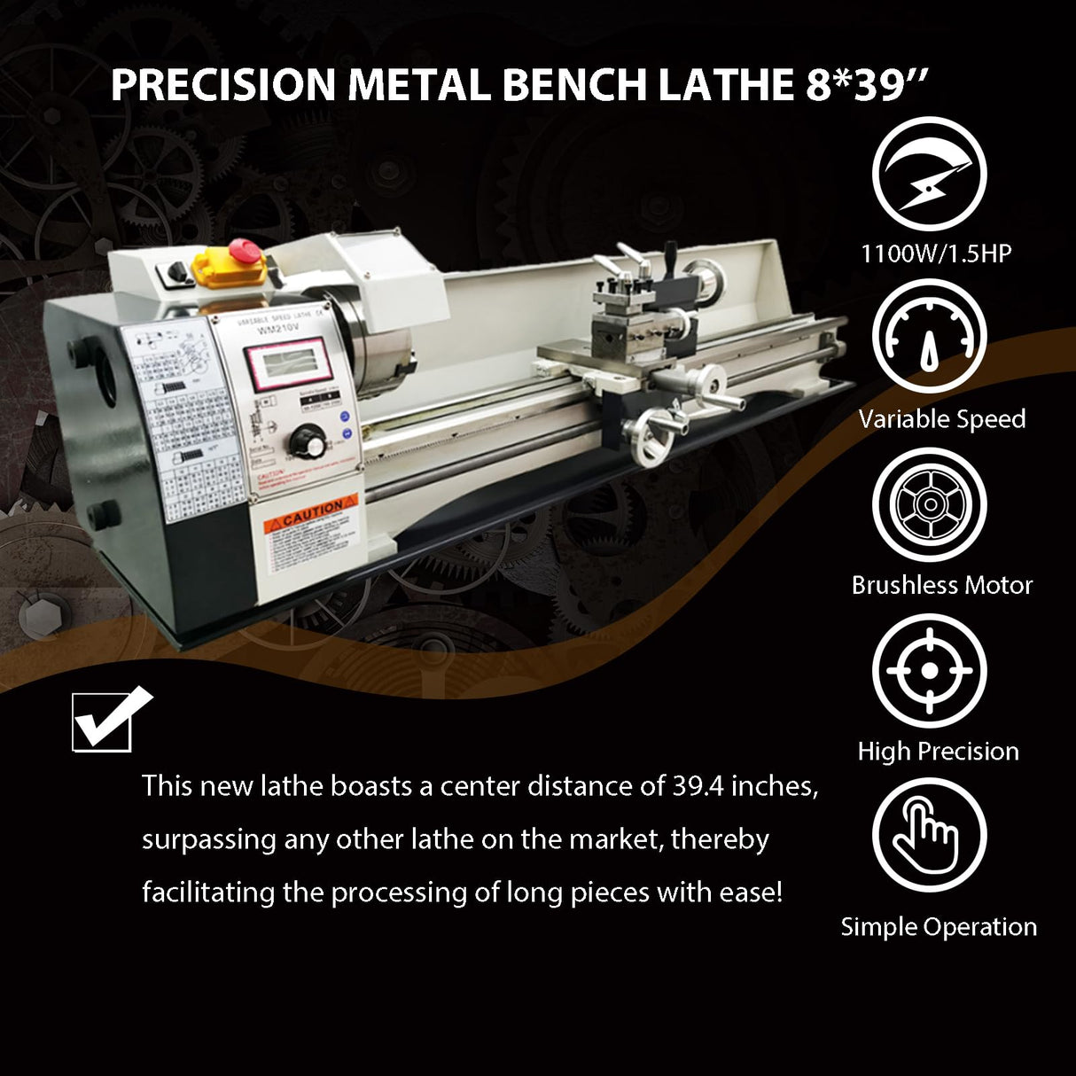 EQCOTWEA Metal Lathe 8''x39'' Benchtop Lathe Machine Pricision Hobby DIY Table Lathe Industrial Metal Wood Working Spinning Horizontal Lathe 1100W Brushless Motor 50-2500RPM Inch Thread WM210V 110V EQCOTWEA