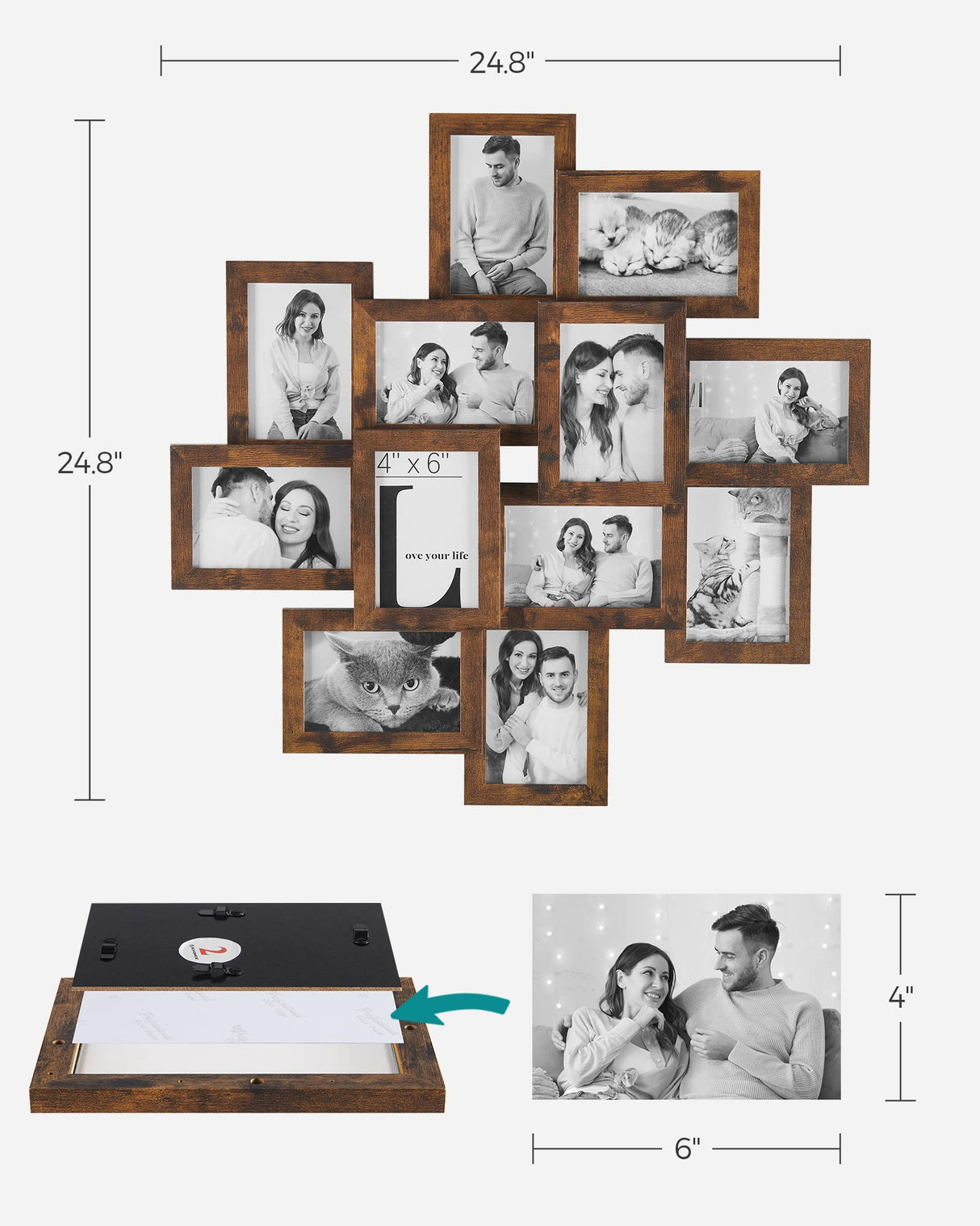 SONGMICS 4x6 Collage Picture Frames, 12-Pack Picture Frames Collage for Wall Decor, Rustic Brown Photo Collage Frame, Multi Picture Frame Set with Glass Front, Assembly Required SONGMICS