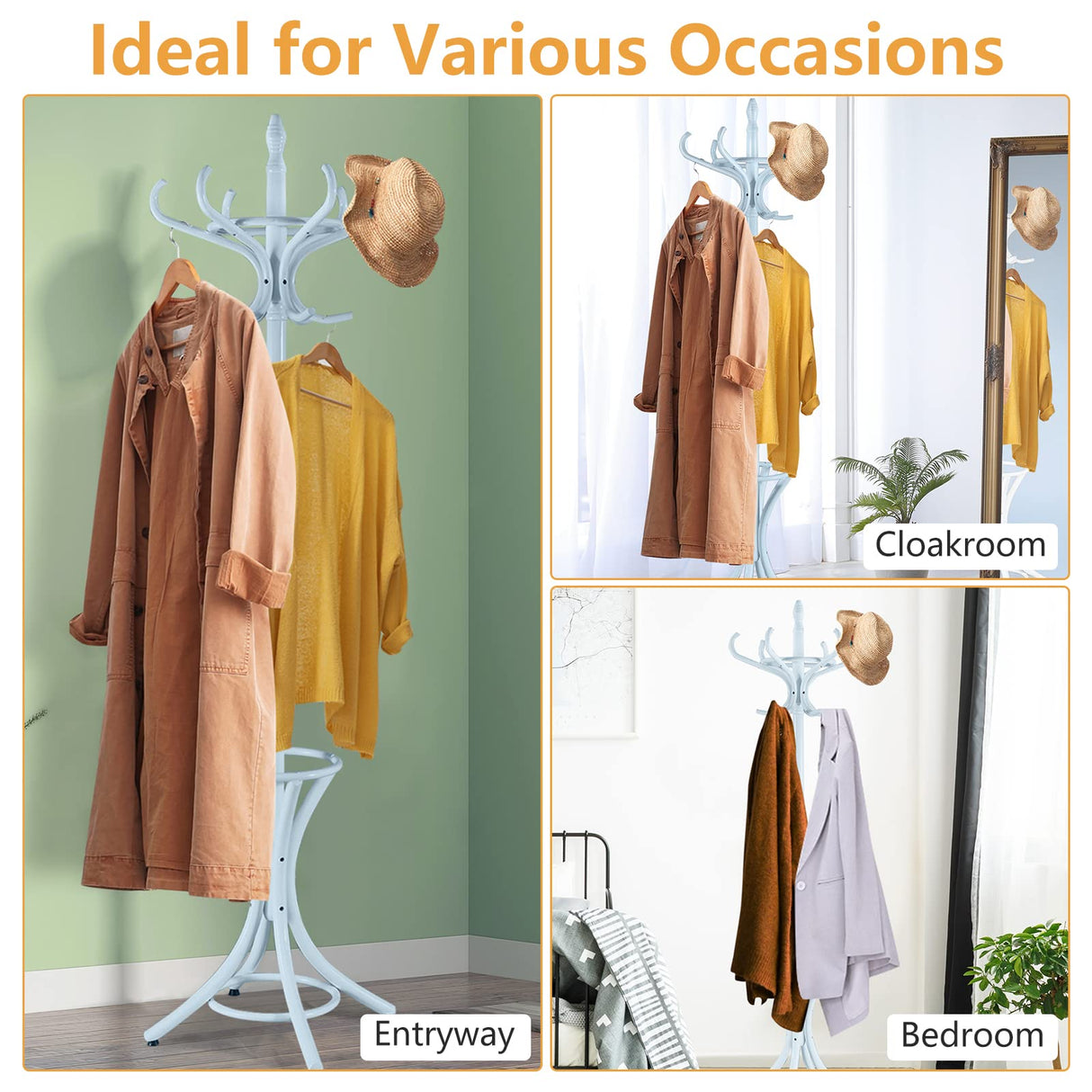 GOFLAME 73" Coat Rack Freestanding, Wooden Coat Tree with 12 Hooks and Umbrella Stand, Entryway Hall Tree, Hat Hanger Organizer, Coat Rack Stand for Coats, Hats, Scarves, Bags, Easy Assembly, Grey GOFLAME