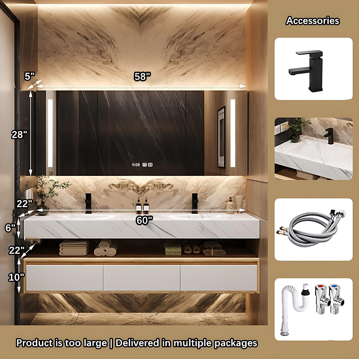 ZGNBSD Bathroom Vanity with Sink - Floating Bathroom Vanity | LED Smart Defogging Medicine Cabinet Included | Solid Wood Modern Bathroom Vanity | Wall Mounted (Double Sink,60") ZGNBSD