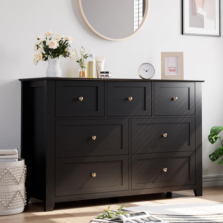 GAOMON 7 Drawers Dresser for Bedroom, 53.9" W Farmhouse Wood Dressers & Chest of Drawers for Clothes, Tall Storage Dressers Organizer with Deep Drawers for Living Room, Closet, Hallway, Black GAOMON