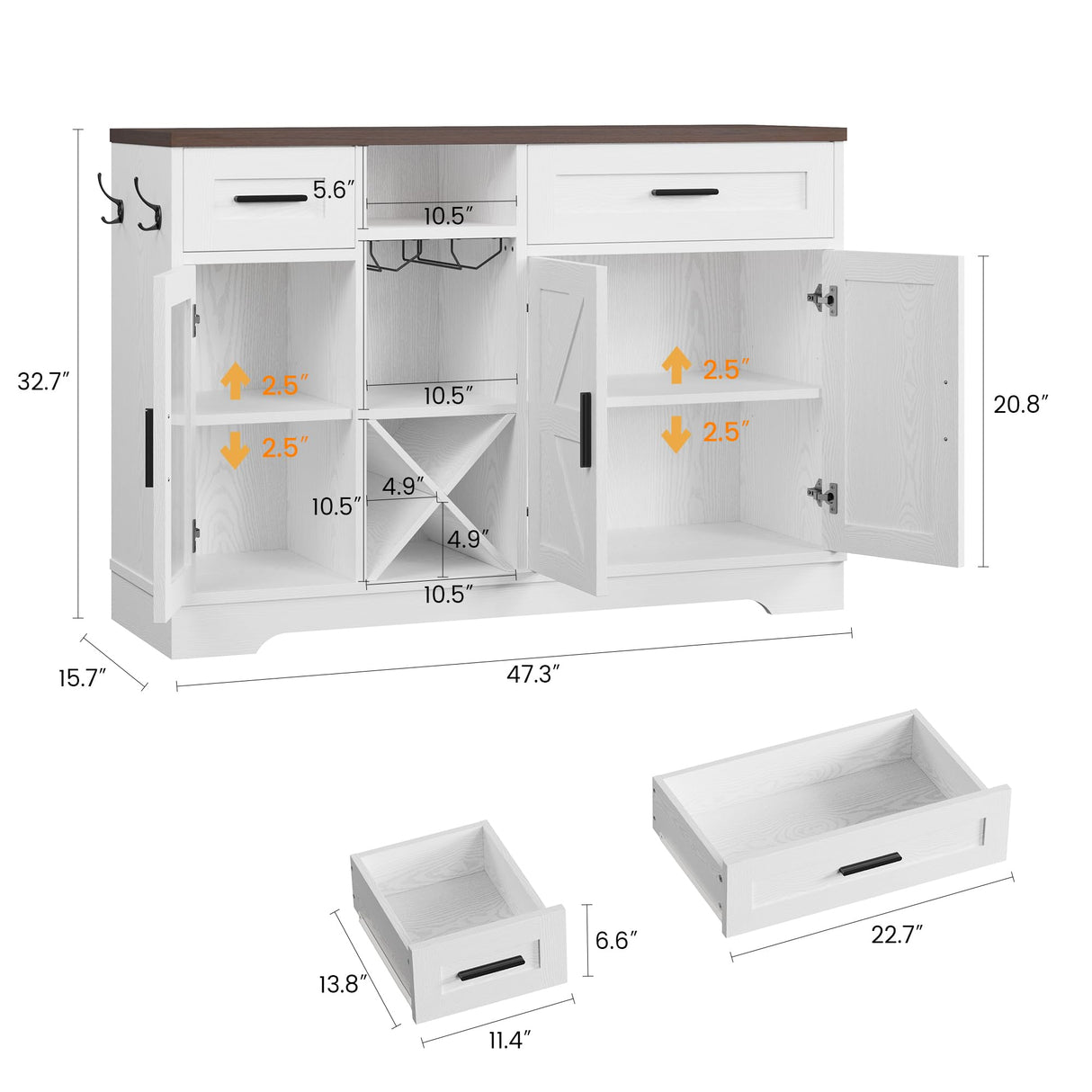 ANCTOR Coffee Bar Wine Cabinet, 47.3" Farmhouse Coffee Bar Cabinet with Glass Holders, Wine Bar Cabinet with 2 Drawers, Racks for Liquor, Wooden Sideboard for Dining Room, Living Room, White ANCTOR