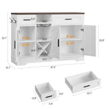 ANCTOR Coffee Bar Wine Cabinet, 47.3" Farmhouse Coffee Bar Cabinet with Glass Holders, Wine Bar Cabinet with 2 Drawers, Racks for Liquor, Wooden Sideboard for Dining Room, Living Room, White ANCTOR