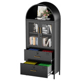 GangMei 2 Drawer Lateral File Cabinets for Home Office, 73 inch Tall Metal Arch Cabinet with Locking Glass Doors, Black Arched Bookcase with Drawers for A4/Letter/Legal File(Assemble Required) GangMei