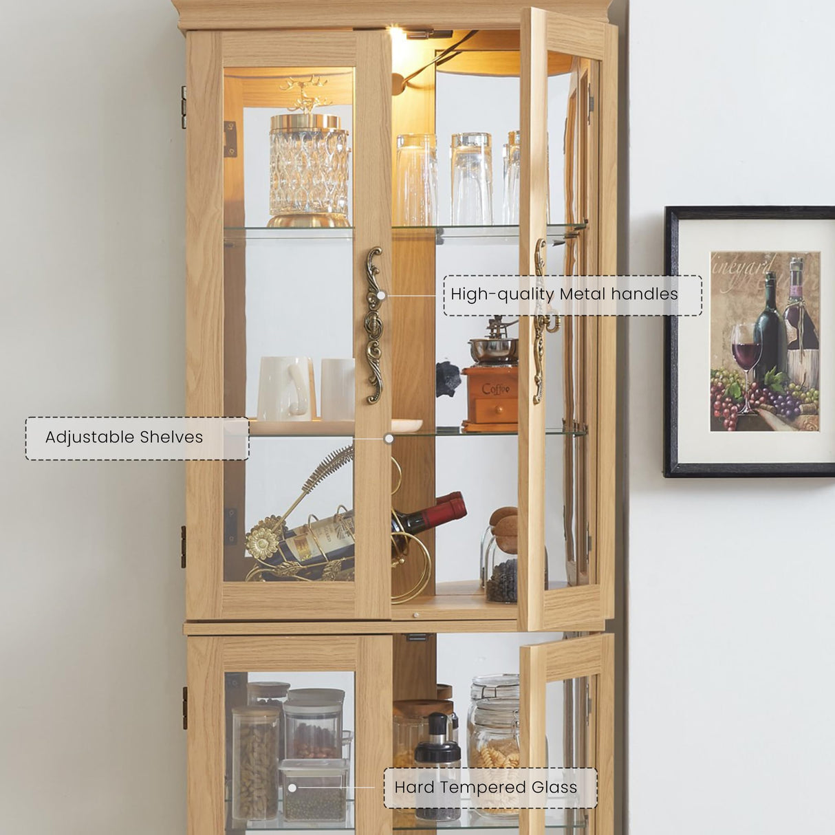 CKEASEAN Curio Cabinet 71" Lighted Glass Display Case, Wooden Wine Bar Cabinet with 6 Adjustable Shelves, Tempered Glass Doors, Light Bulb Included, Rack for Living Room Liquor Storage (Light Oak) CKEASEAN