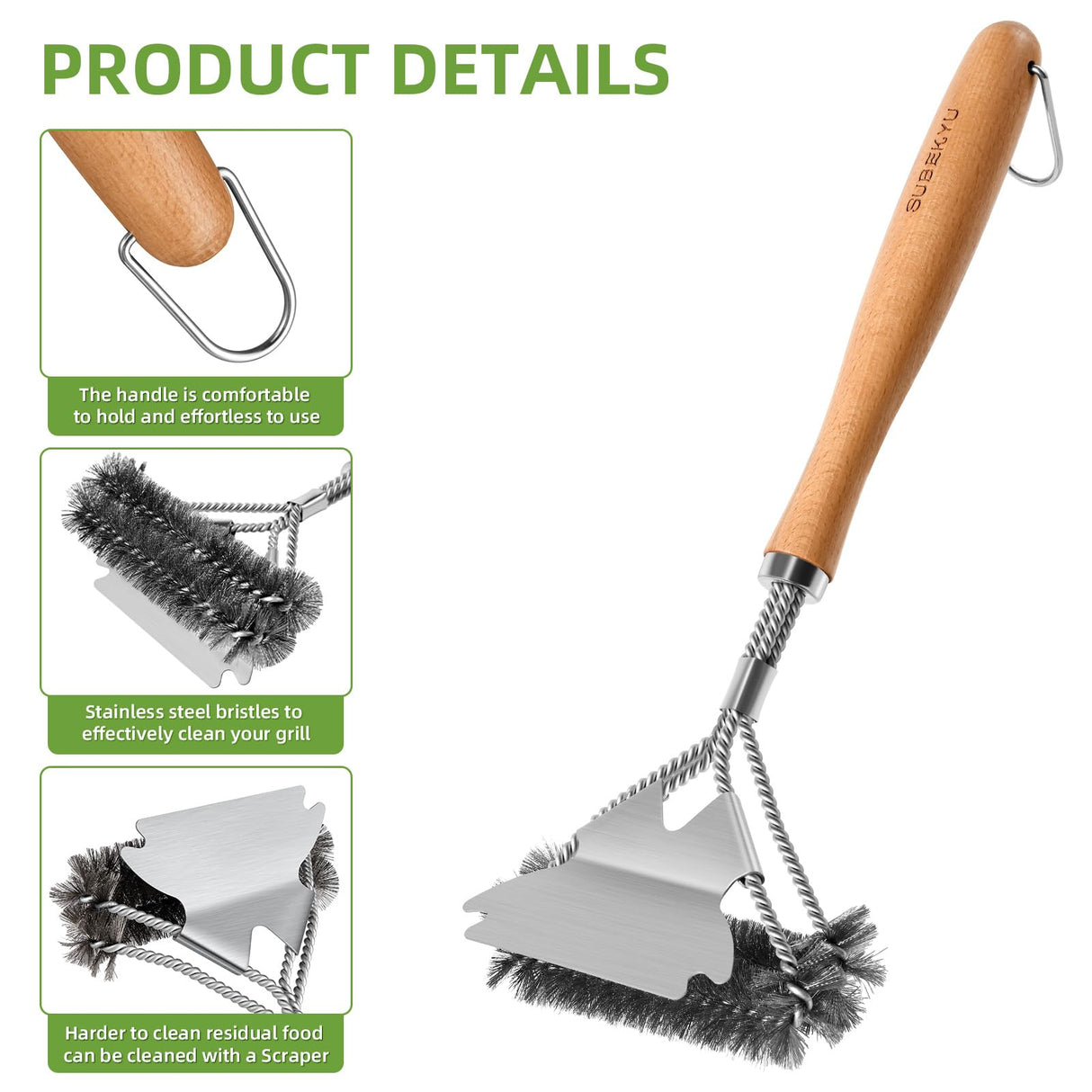 SUBEKYU Grill Brush for Outdoor Grill, 15.3'' BBQ Grill Scraper Cleaning Brush for Outdoor Grill, Safe Stainless Steel Grill Cleaner Scrubber with Scraper, Beech Wood Handle, 1Pack SUBEKYU