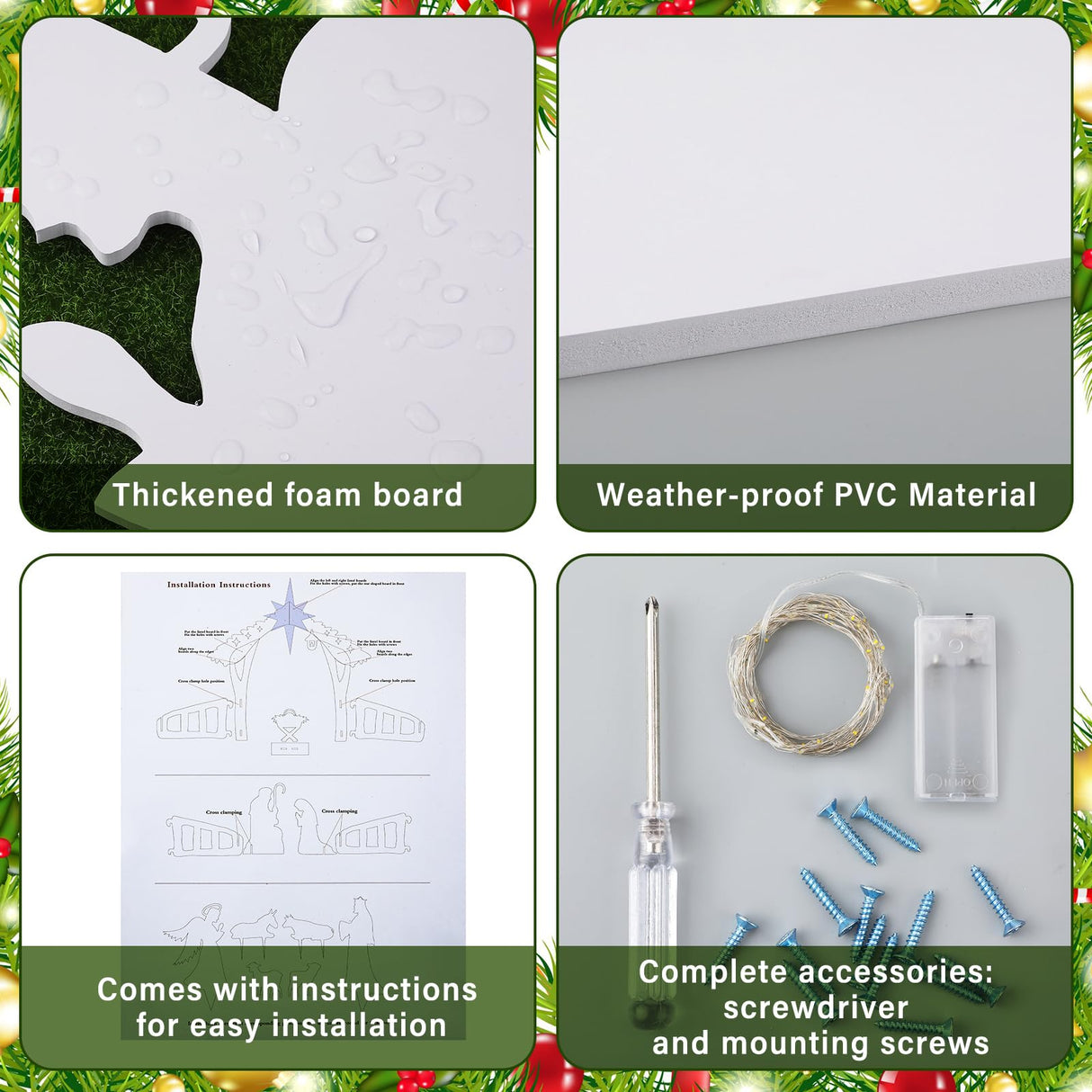 Soaoo Outdoor White Nativity Scene with 2 String Lights Silhouette Yard Sign Display Water Resistant PVC Large Holy Family Yard Nativity Scene Christmas Decor for Xmas Front Lawn Soaoo