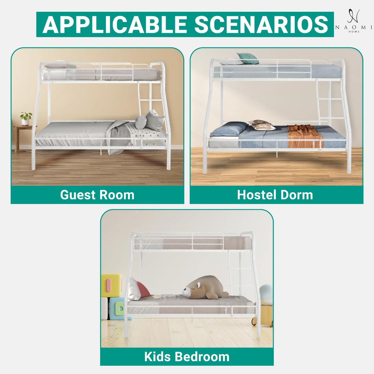 Hollywood Bunk Beds Twin Over Full Size, Heavy Duty Metal Bunk Bed with Safety Guardrails, Angled Ladder, Underbed Storage, 800LBs capacity - for Kids and Teens, Twin over Full Bunk Bed, White Naomi Home