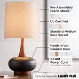 360 Lighting Andi Mid Century Modern Table Lamp 24.5" High Hammered Bronze Ceramic Wood Off White Tall Drum Shade for Living Room Bedroom House Bedside Nightstand Home Office (Color May Vary) 360 Lighting