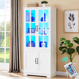 LUXOAK 71" Tall Bookshelf with Doors, LED Display Cabinet with 5-Tier Storage Shelves, White Bookcase for Study/Home Office/Living Room, 4-Door LUXOAK