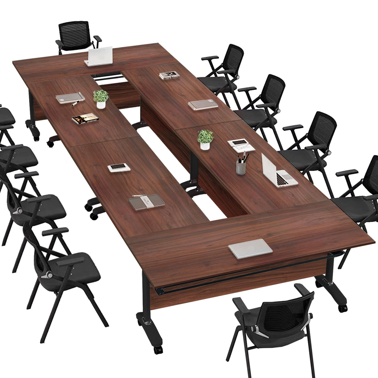 Conference Table, Folding Conference Room Tables With Flip-Top Design, With Caster Rectangular Modular Conference Room Table, for Office Conference Room Training Room 63x24x30in( WxDxH) 6PCS-Walnut HSHBDDM