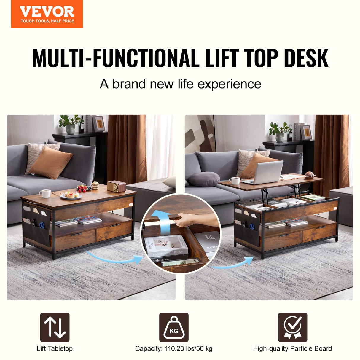 VEVOR Lift Top Coffee Table, 39.4 in Rectangle Coffee Table with Extra Storage Pockets, Pop Up Coffee Table with Power Strip & USB & Ambient Lighting for Living Room, Brown VEVOR
