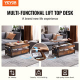 VEVOR Lift Top Coffee Table, 39.4 in Rectangle Coffee Table with Extra Storage Pockets, Pop Up Coffee Table with Power Strip & USB & Ambient Lighting for Living Room, Brown VEVOR