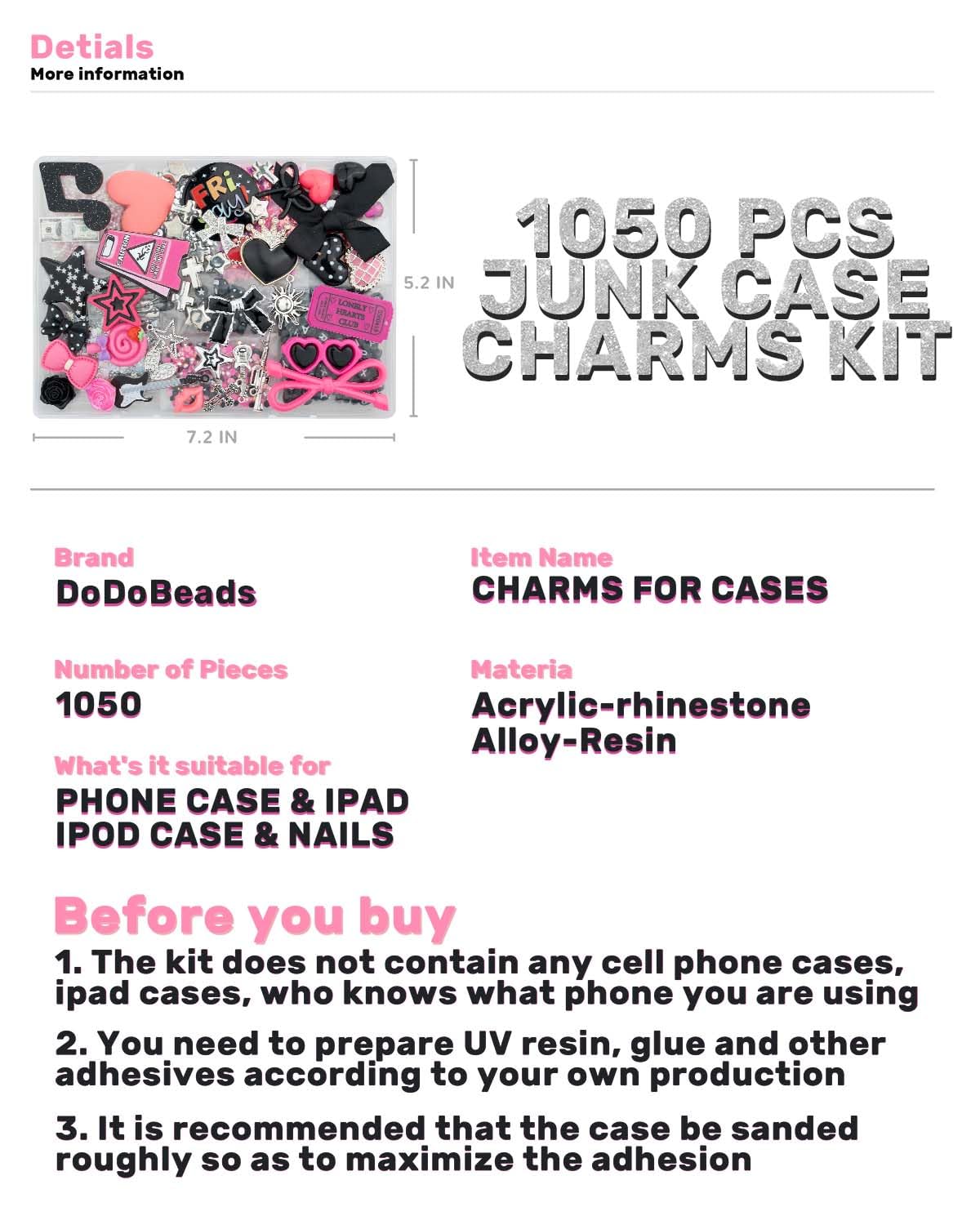 DoDoBeads 1050 Pcs Junk Phone Case Charms Kit, Charms for Customizing Cases, Kawaii Bow, Letter Beads, Nail Accessories, Flatback Pearls, Rhinestones, Cute Aesthetic Decor for Personalization DoDoBeads