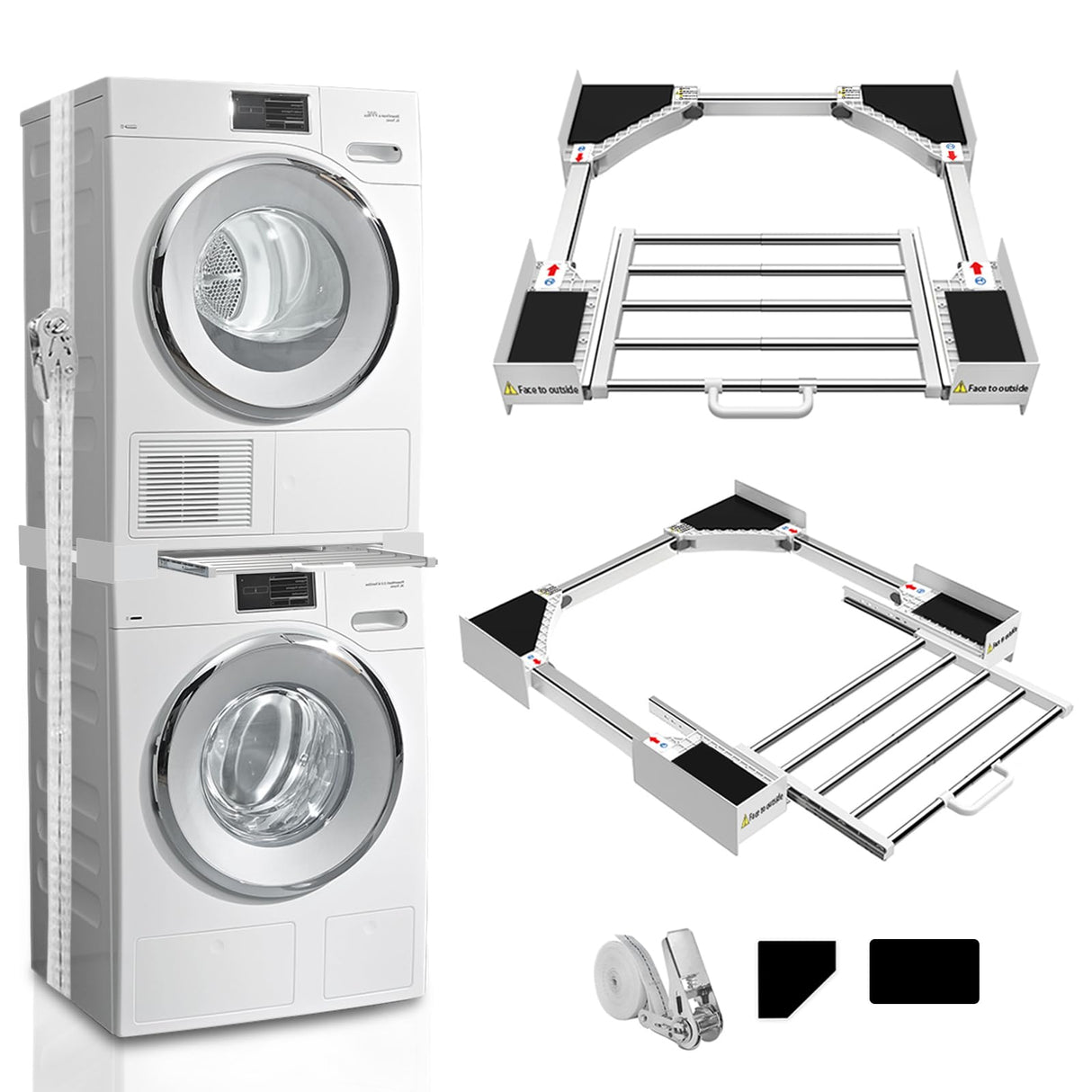 Kiss Core Washer Dryer Stacking Kit 29 inch, Universal Washer and Dryer Stacking Kit with Pull Out Drying Rack, Adjustable 29"/28"/27"/26"/25"/24" Stacking Kit with Ratchet Strap Kiss Core