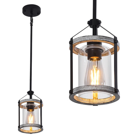 Farmhouse Glass Pendant Light Fixtures,Wood Pendant Light,Adjustable Rustic Farmhouse Pendant Light for Foyer, Sink, Kitchen Island, Porch (1 Light) Raxighn