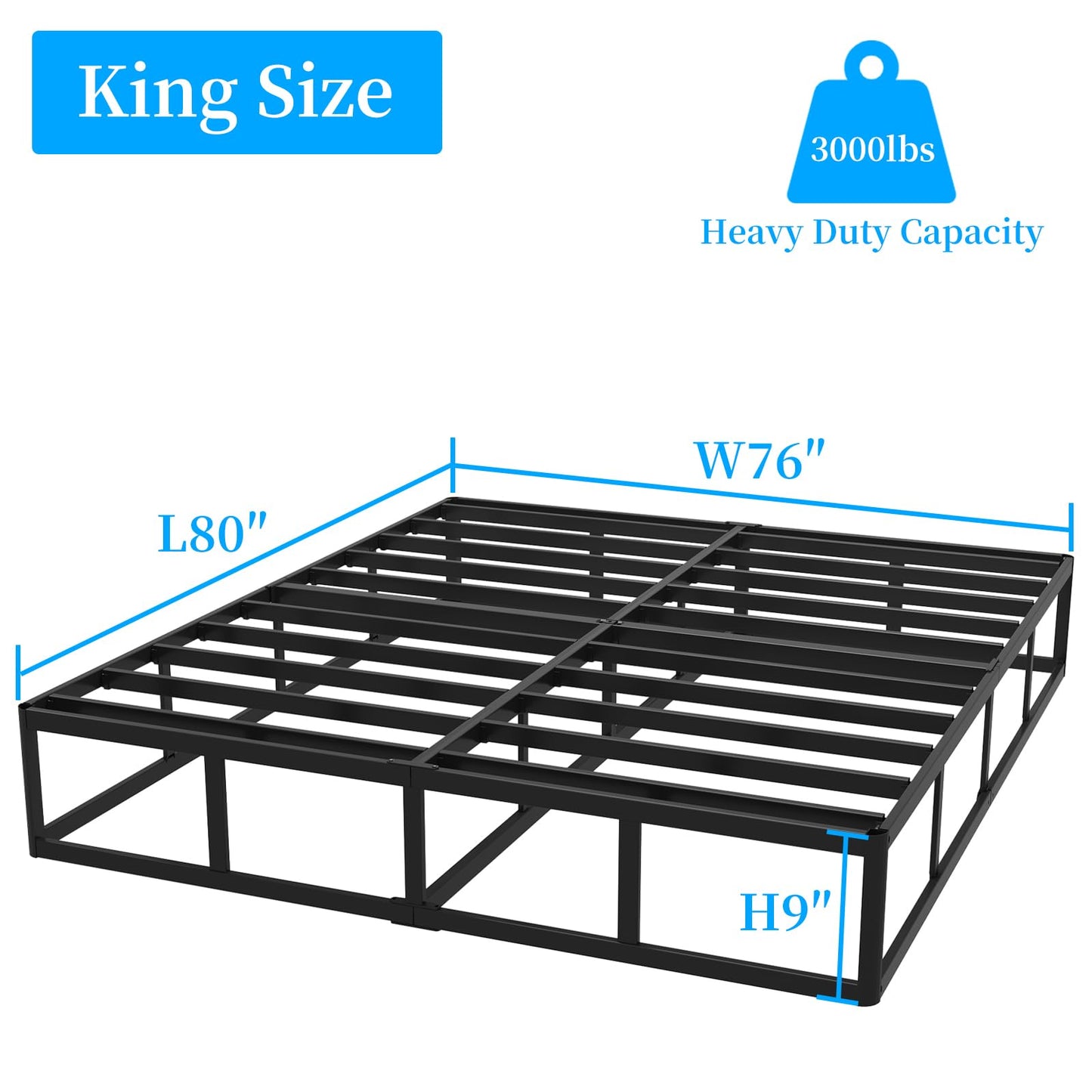 OSASET King Box Spring, 9 Inch Metal King Size Box Spring Only, Heavy Duty Metal Frame Mattress Foundation Support for 3000lbs, Easy Assembly, Noise Free, Non Slip