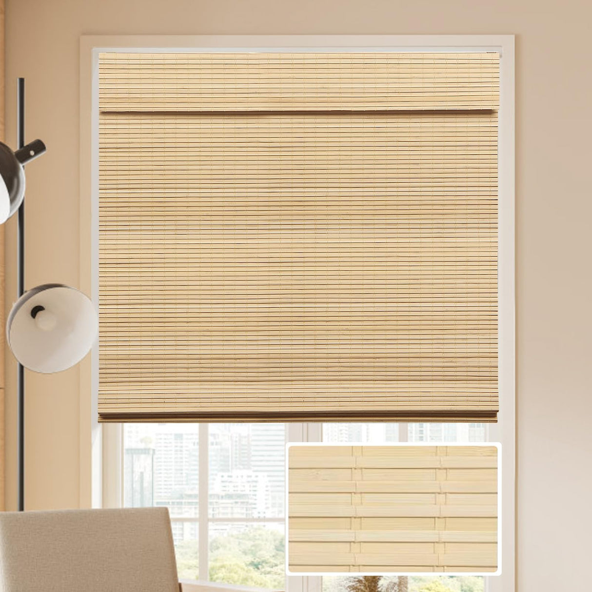 Cordless Bamboo Roman Blinds by LUCKUP - 100% Blackout Shades for Indoor Windows, 30" W x 64" H with Enhanced Privacy LUCKUP