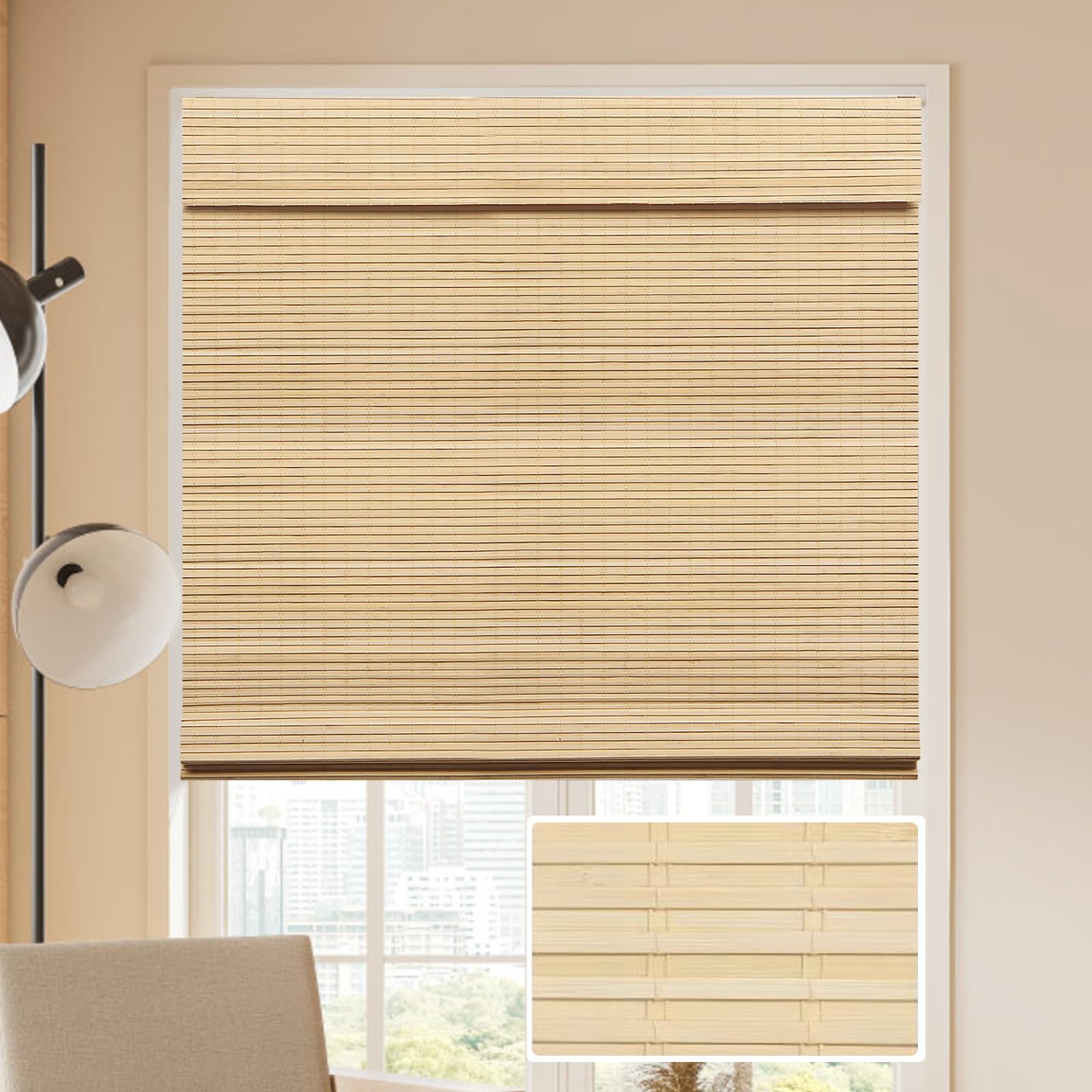 Cordless Bamboo Roman Blinds by LUCKUP - 100% Blackout Shades for Indoor Windows, 30" W x 64" H with Enhanced Privacy - WoodArtSupply