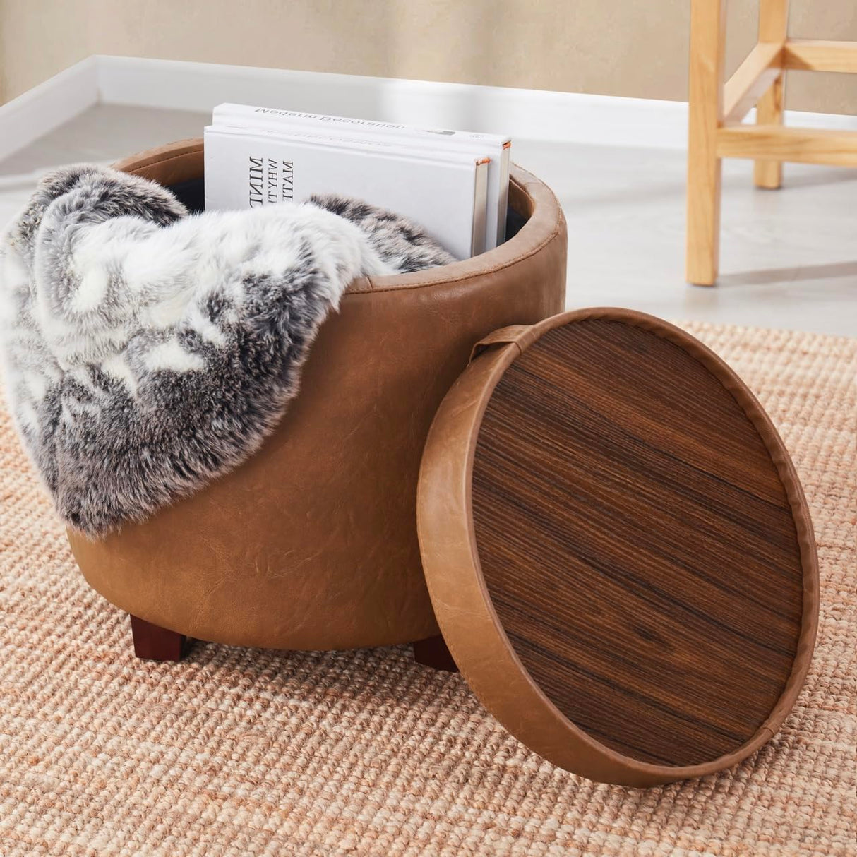 Ornavo Home Lawrence Round Storage Ottoman with Lift Off Lid and Tray Lid Coffee Table, Ottoman with Storage for Living Room, Bedroom and Office, Faux Leather Mocha Ornavo Home