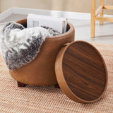 Ornavo Home Lawrence Round Storage Ottoman with Lift Off Lid and Tray Lid Coffee Table, Ottoman with Storage for Living Room, Bedroom and Office, Faux Leather Mocha Ornavo Home