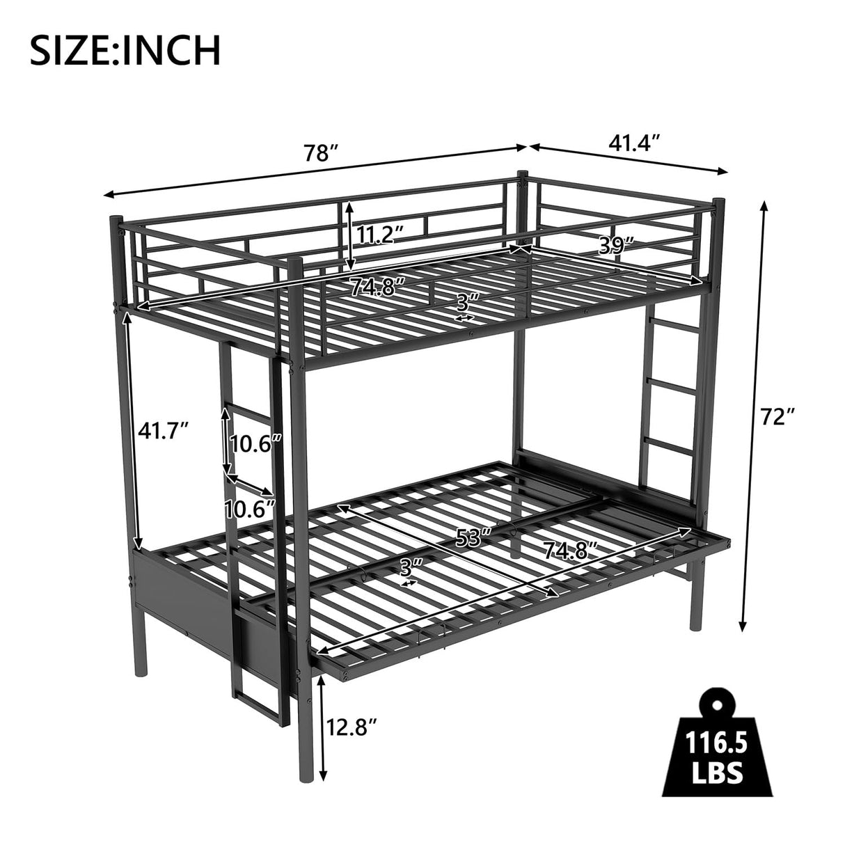 Twin Over Futon/Full Bunk Bed, Bed Frame with Sturdy Steel Frame, Convertible Metal Bunk Bed Couch and Bed with Guard Rail Ladder for Kids Adults Teens,Black Anwick