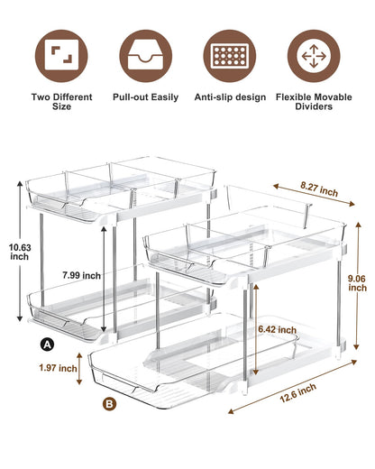 Delamu 2 Sets of 2-Tier Multi-Purpose Bathroom Under Sink Organizers and Storage, Stackable Kitchen Pantry Organization, Pull Out Medicine Cabinet Organizer with 8 Movable Dividers