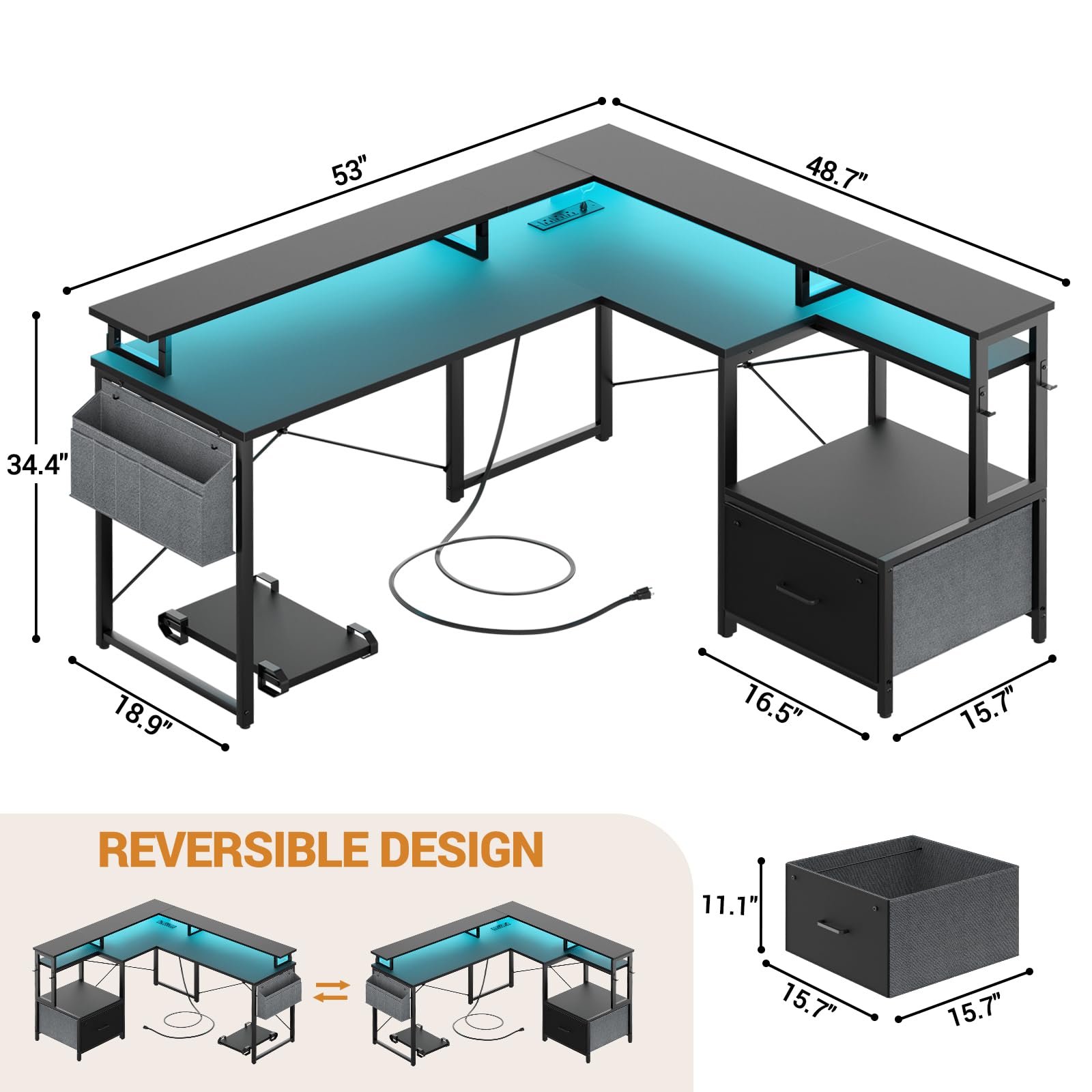 Unikito L Shaped Desk with File Drawer, Reversible L Shaped Computer Desk with Power Outlet & LED Lights, Home Office Desk Corner Desk with Monitor Shelf and Printer Cabinet, Gaming Desk, Bla - WoodArtSupply