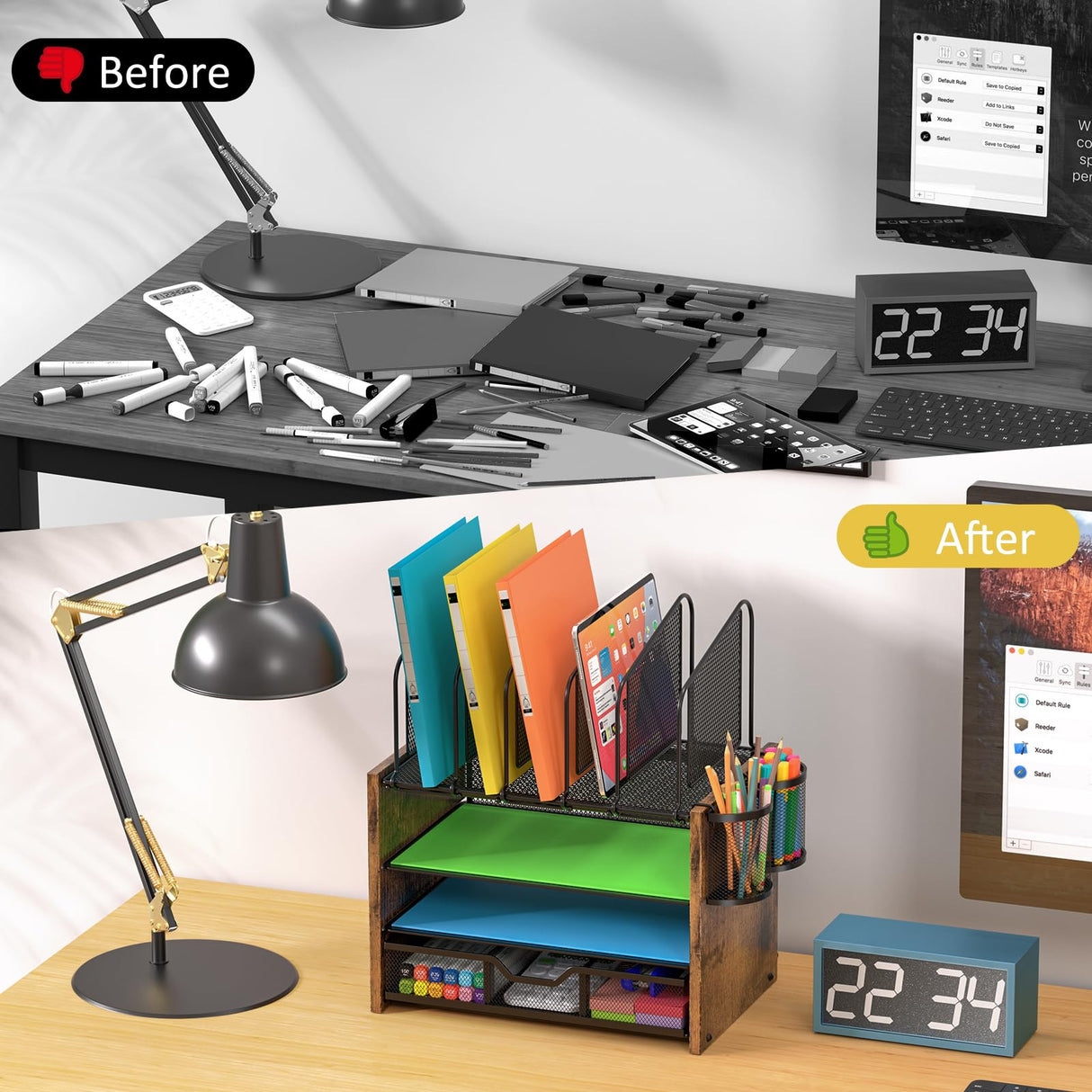 DAOUTIME 4-Tier Mesh Desk Organizer, Wooden Desk File Organizer with 5 Vertical File Holders and 2 Pen Holders, Desktop Organizer with Drawer, Desk Organizers and Accessories for Home Office DAOUTIME