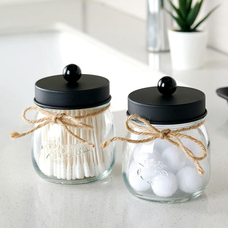 SheeChung Bathroom Accessories Set - Mason Jar Foaming Hand Soap Dispenser, Qtip Holder Set, Rustic Farmhouse Decor, Apothecary Jars, Bathroom Countertop Organizer - Black SheeChung