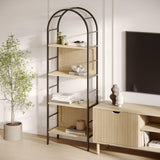 Stead 4-Tiered Arched Book Shelf - Light Oak & Natural Rattan, Metal Frame - Industrial Arched Bookcase & Fluted Bookshelf Stead