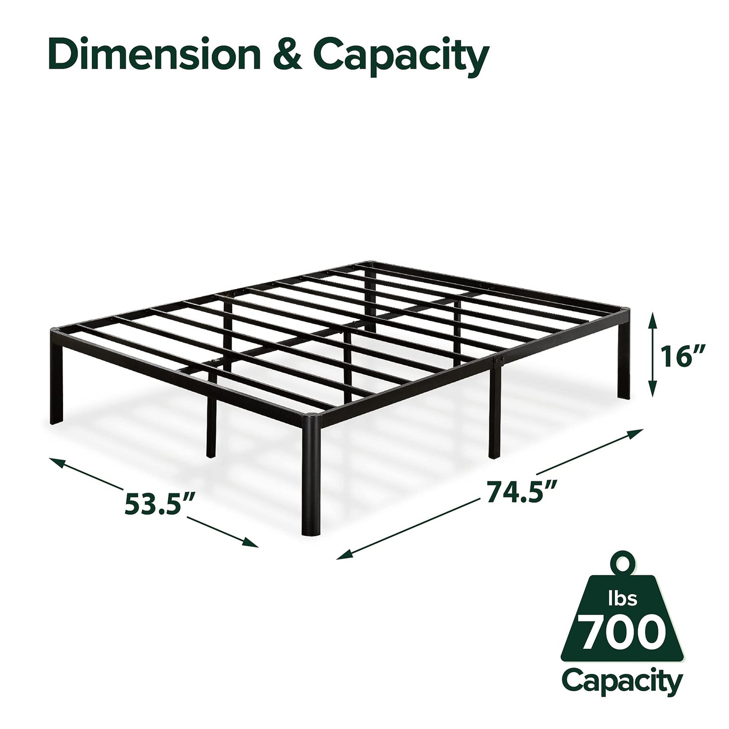 ZINUS Van 16 Inch Black Metal Platform Bed Frame with Steel Slat Support - No Box Spring Required, Full Size - WoodArtSupply