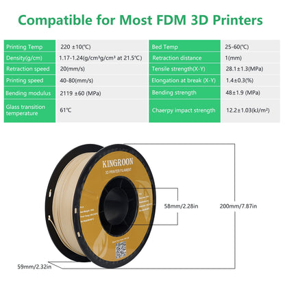 Kingroon PLA 3D Printer Filament, Dimensional Accuracy +/- 0.02 mm, 1 kg Spool(2.2lbs), 1.75 mm,Wood - WoodArtSupply