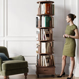 JIAWORLDER Solid Wood Rotating Bookshelf Tower on Wheels, 5-Tier Spinning Bookcase with Drawer, 72" Floor Standing Revolving Bookshelf, Rotating Bookcase for Small Space, Walnut JIAWORLDER