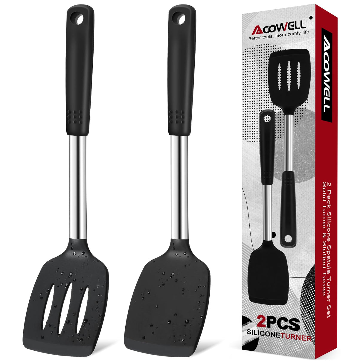 Silicone Spatula Turner Set, Premium Spatulas Silicone Heat Resistant Pack of 2 Kitchen Spatula for Nonstick Cookware, Solid & Slotted Rubber Spatula for Fish, Eggs, Pancakes, Wok, Cooking Utensils AcoWELL