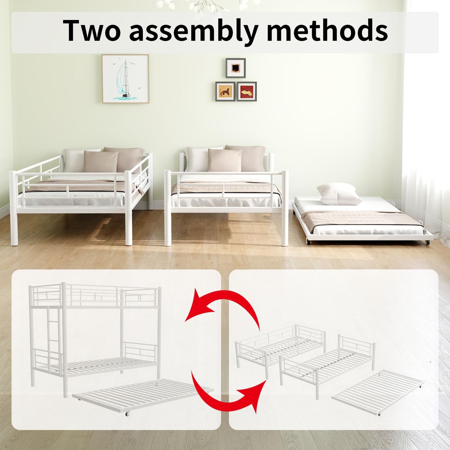 Suheww Twin Over Twin Metal Bunk Bed with Trundle, Heavy-Duty Steel Beds Frame with Side Ladder, Convertible Bunkbed Safety Guardrails,No Box Spring Needed (White)