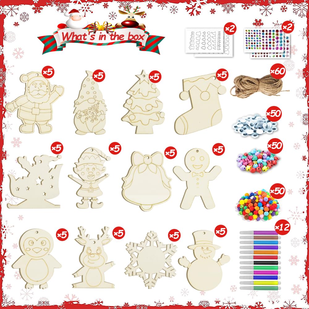 Nialnant 60 PCS Wooden Christmas Ornaments Crafts for Kids, Wooden Christmas Ornaments to Paint, 12 Style DIY Christmas Crafts for Christmas Tree Unfinished Wood Christmas Ornaments Kits