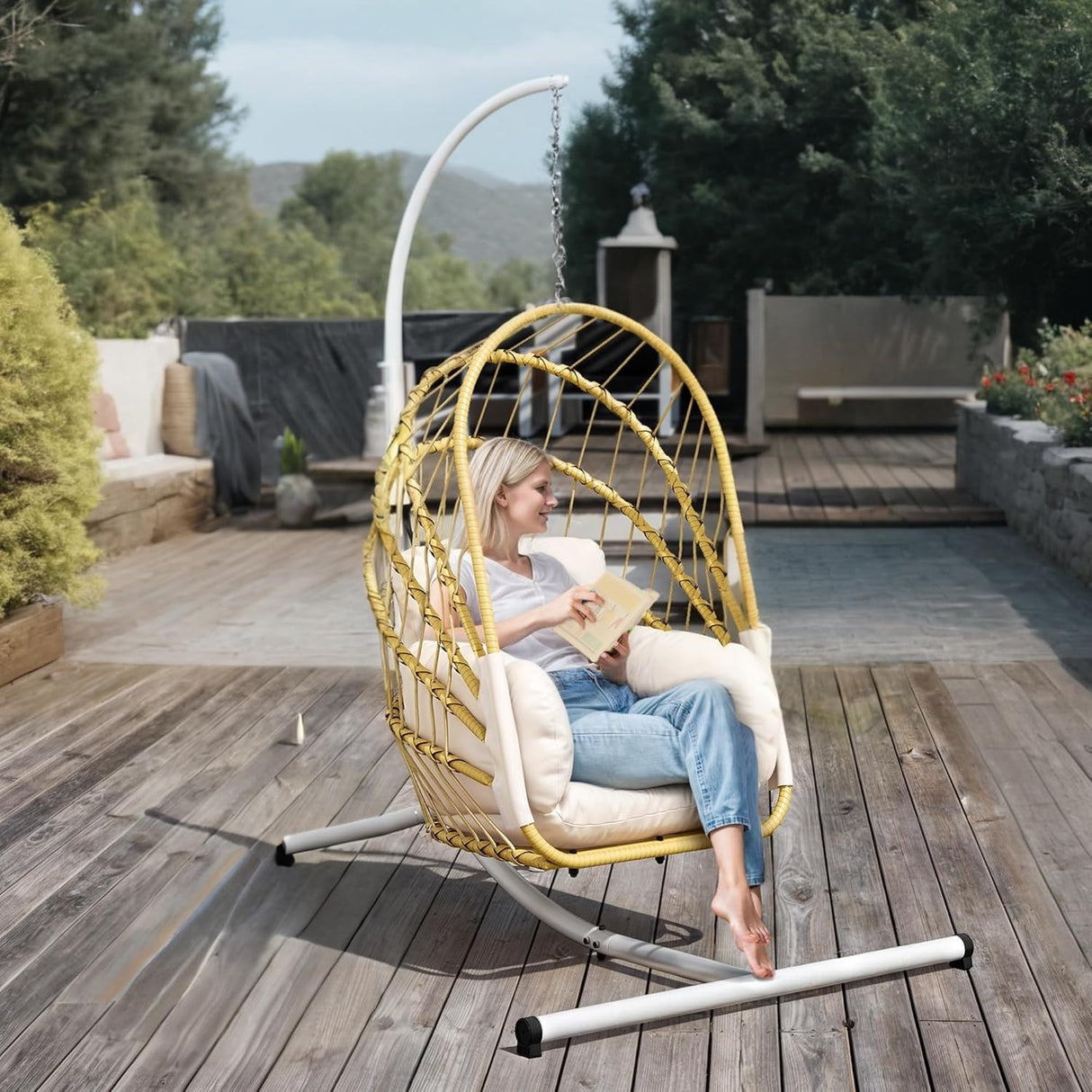 DWVO Wicker Swing Egg Chair 300lbs Capacity - Foldable Hanging Hammock with Cushions & Stand, Indoor/Outdoor Patio Swing Chair for Bedroom, Garden, Balcony (Beige) DWVO