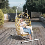 DWVO Wicker Swing Egg Chair 300lbs Capacity - Foldable Hanging Hammock with Cushions & Stand, Indoor/Outdoor Patio Swing Chair for Bedroom, Garden, Balcony (Beige) DWVO