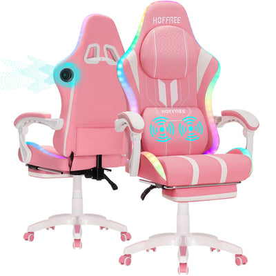 HOFFREE Pink Gaming Chair with Speakers and Massage Led Gaming Chair with Footrest Big and Tall Video Game Chair Reclining High Back Computer Desk Chair for Girls Pink and White