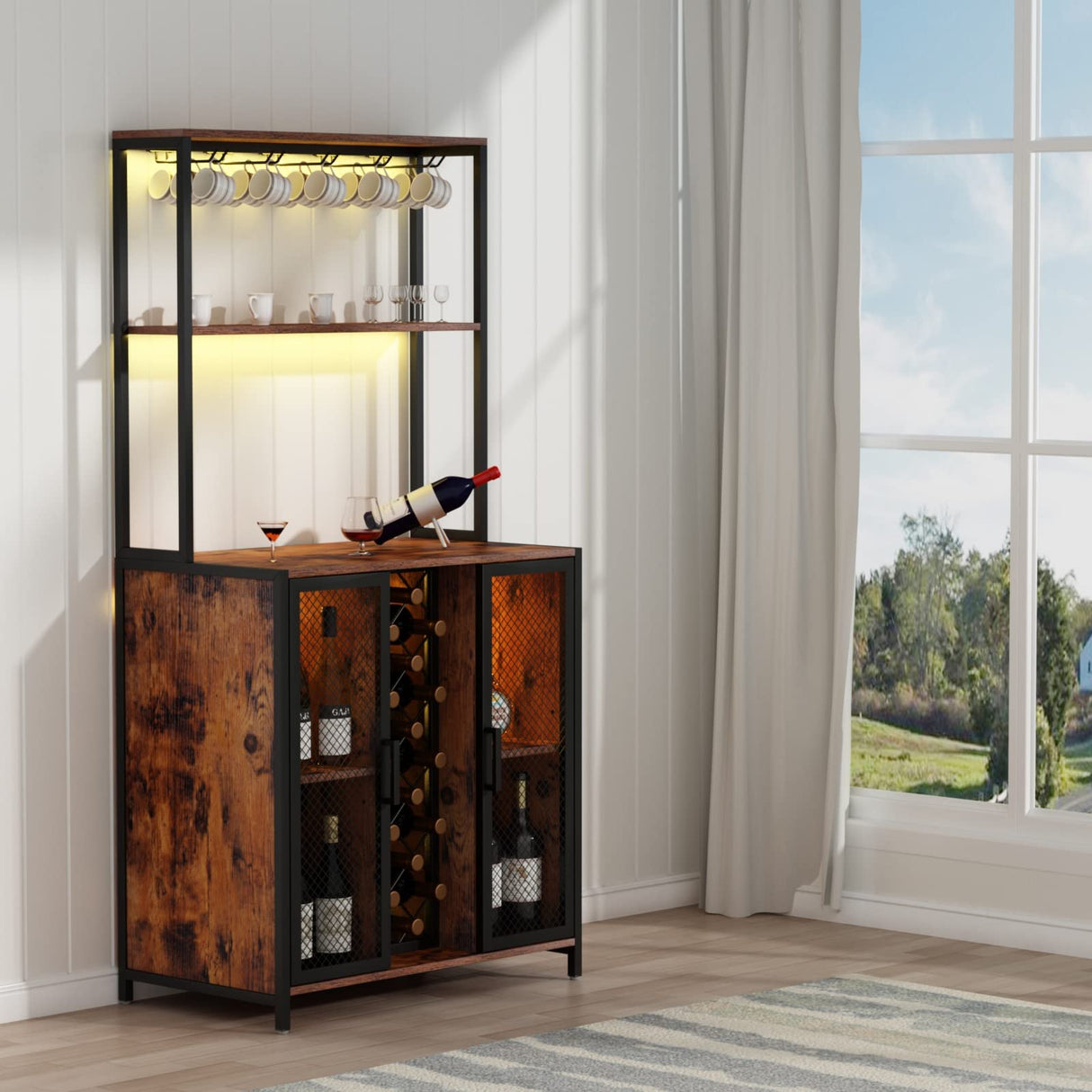 Loomie 5-Tier Rustic Wine Bar Cabinet with LED Lights & Adjustable Shelves Loomie