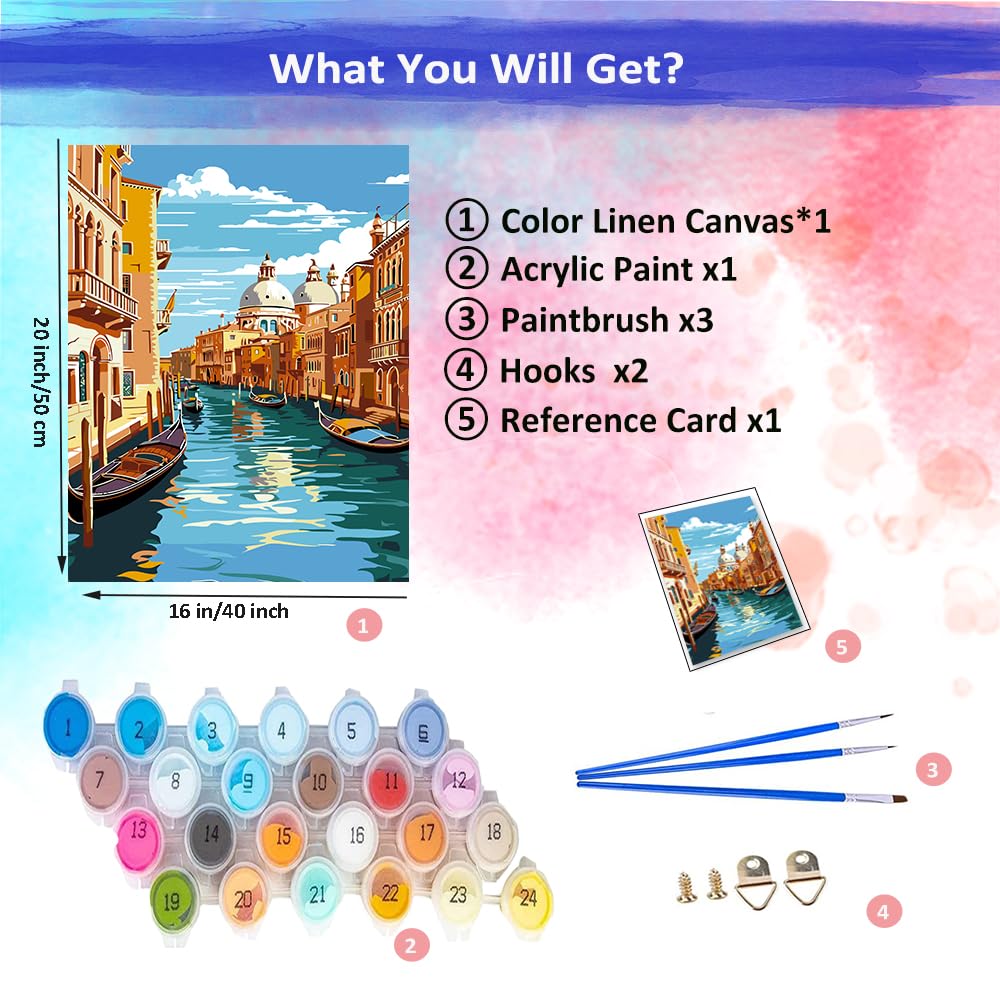JUJUHOOD Venice Street Paint by Numbers Kit for Adults, Italty City Street Adult Paint by Number Kits,DIY Acrylic Paint by Number on Canvas for Home Wall Decor 16X20 Inch JUJUHOOD