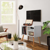 Possile Mid-Century Record Player Stand, Vinyl Record Cabinet Holder with Storage Up to 100 Albums, Record Player Table for Living Room Bedroom Office, Turntable Stand with Wood Legs, White Possile